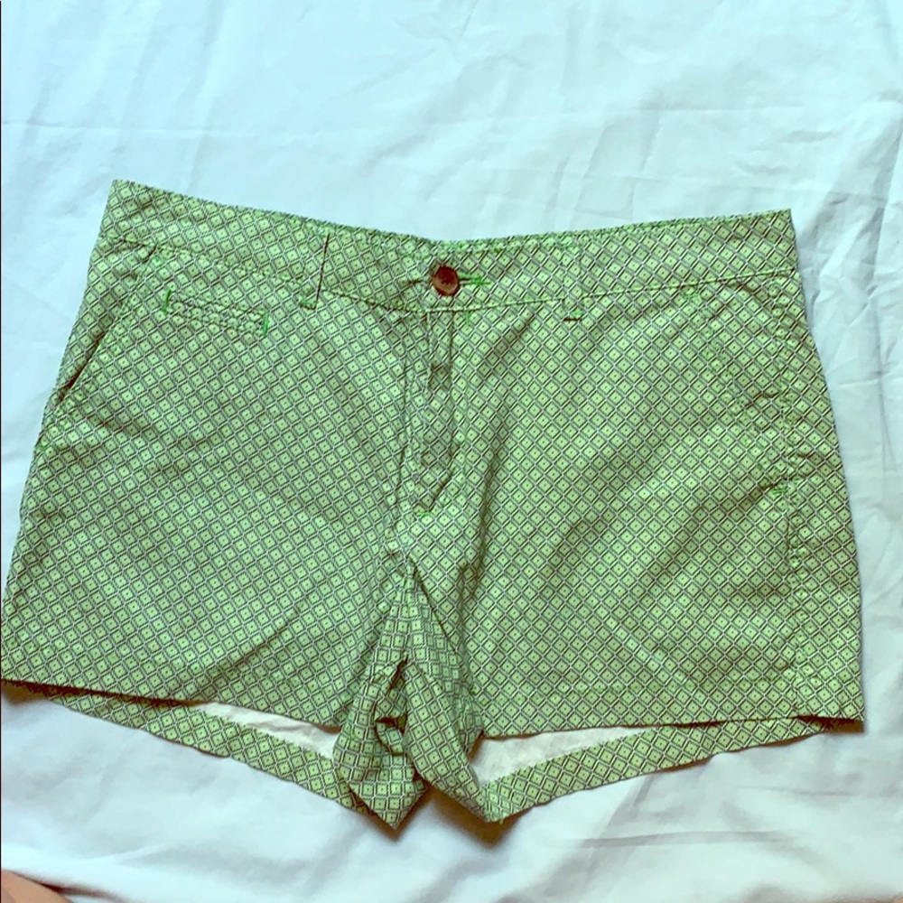 Multicolored shorts with a geometric pattern.